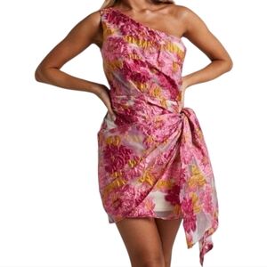 Showpo Brailey one-shoulder wrap-front‎ mini dress in pink floral jacquard 4 New